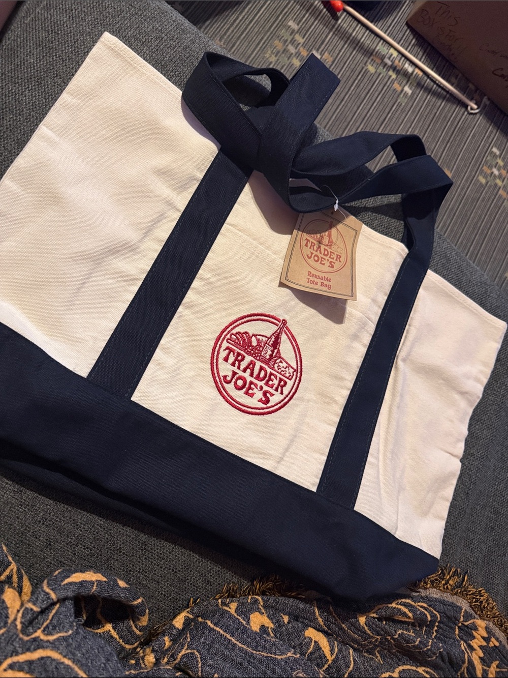 Trader Joe's Canvas Shoulder Tote in Cream and Navy